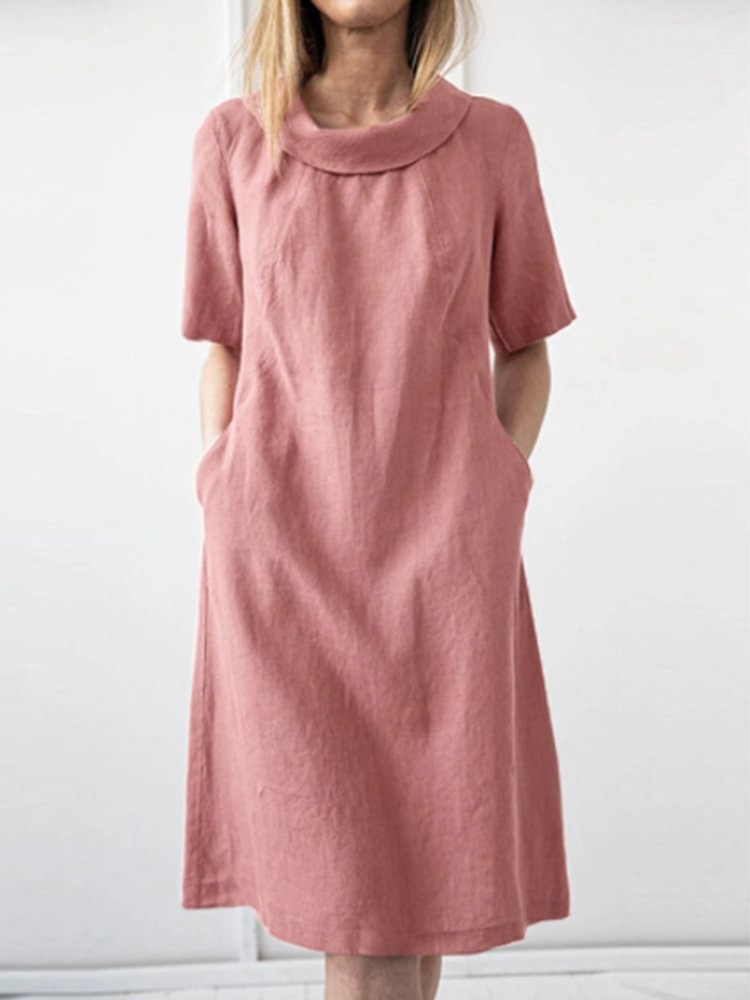 2024 Ladies Spring and Summer New Casual Loose Cotton and Linen Short Sleeve Round Neck Dress