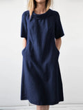 2024 Ladies Spring and Summer New Casual Loose Cotton and Linen Short Sleeve Round Neck Dress