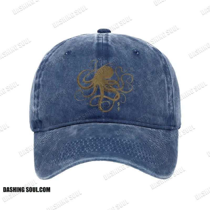 Unisex 100% Cotton Octopus Japanese Gold Print Tattoo Vintage Print Cap