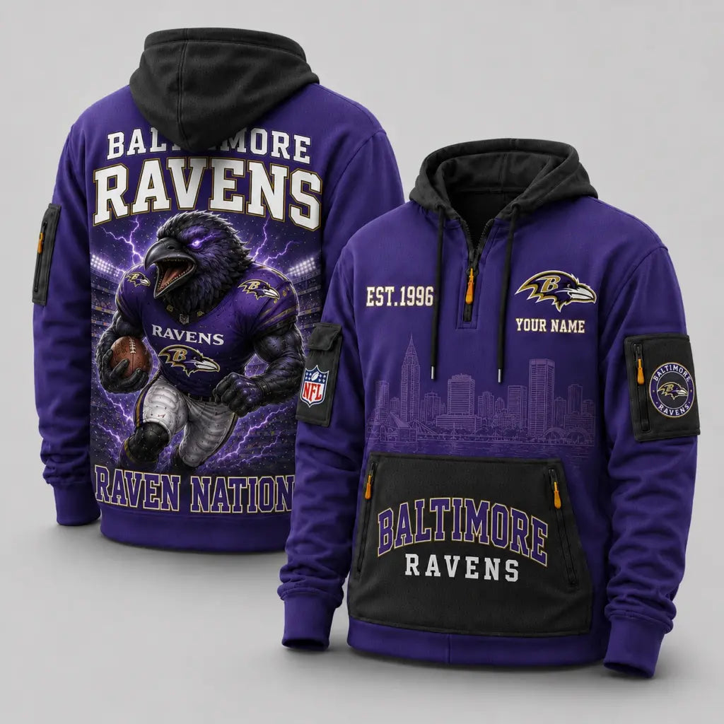 Baltimore Ravens Mascot Personalized Half-Zip Hoodie