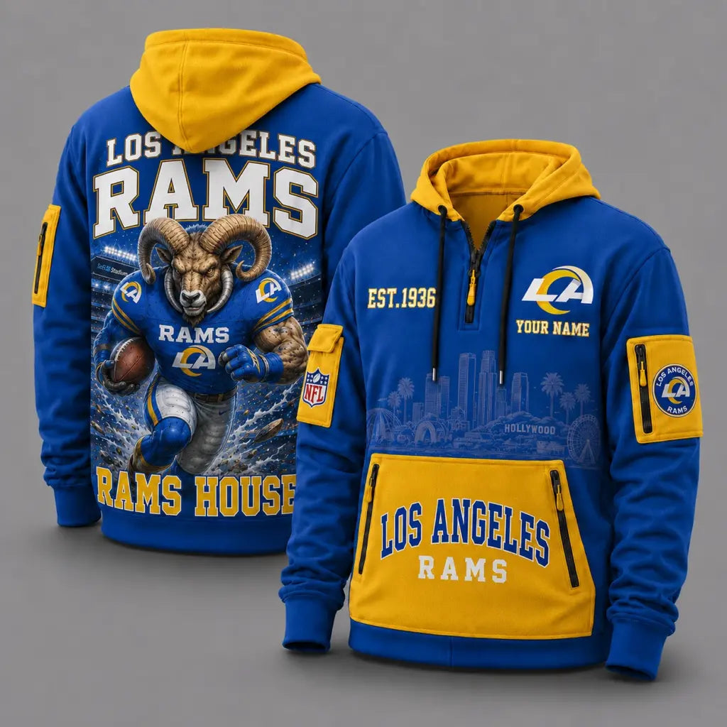 Los Angeles Rams Mascot Personalized Half-Zip Hoodie